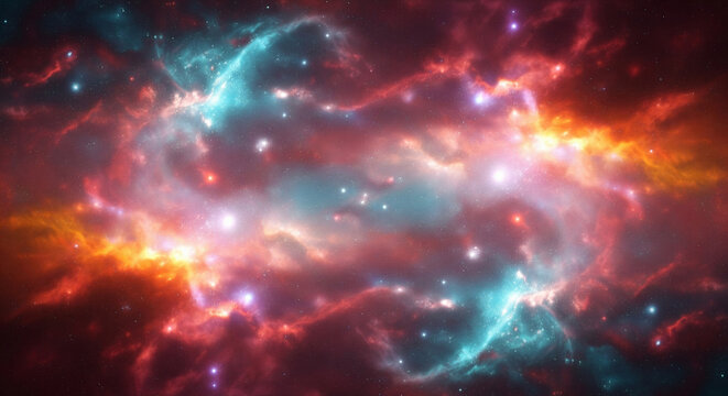 Deep space nebula with glowing red and blue gas and bright stars background - Powered by Adobe
