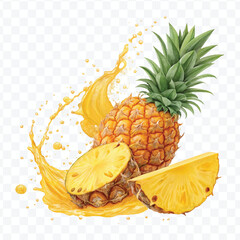 realistic delicious pineapple and slice with yellow juice splash in different style isolated on transparent background