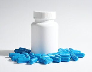 White pill bottle encircled by numerous bright blue capsules on a light gray surface
