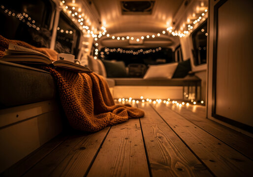 Cozy Camper Van Interior: Inside a camper van, a warm scene unfolds featuring soft illumination from fairy lights, a cozy blanket, and a stack of books, inviting relaxation and retreat.