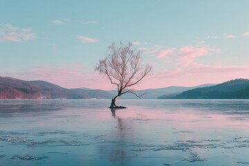 Frozen lake, lone tree, pastel hues