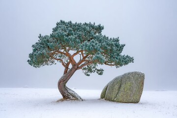 Frozen pine tree and stone in winter