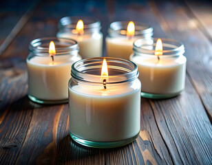 A blank scented candle in a glass jar, with a single wick lit, casting a warm glow on a clean wooden table.