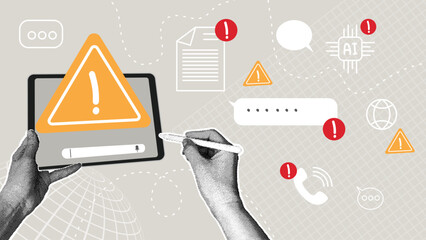 Trendy halftone collage.Digital threat alert modern technologies and information security. Concepts of data leaks, hacking attempts, malware risks, and online security.