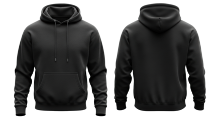Plain black hoodie of soft premium cotton fleece on invisible mannequin, front and back views, highlighting details, against a white background, copy space. Concept for apparel product display