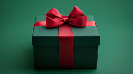 Obraz premium green gift box with red ribbon bow on a green on green background