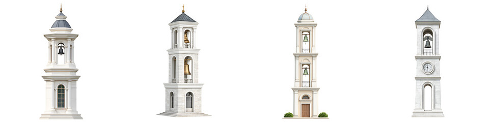 Fototapeta premium Four isolated architectural bell towers, varying designs, white stone structures, religious buildings, clock tower, ornate details, architectural