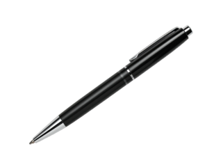 A black ballpoint pen, angled, with a smooth, polished finish, and silver accents on the clip and tip