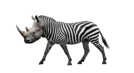 A meticulously detailed rhino-zebra hybrid, mid-stride in a transparent studio with reflective surface, ample copy space, concept of innovative biological fusion