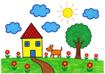 A naive gouache and crayon painting of a vibrant yellow house with a red roof, an orange dog, a green tree, sun, and blue clouds on white background with green grass and brown path, concept of