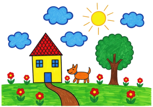 A naive gouache and crayon painting of a vibrant yellow house with a red roof, an orange dog, a green tree, sun, and blue clouds on white background with green grass and brown path, concept of