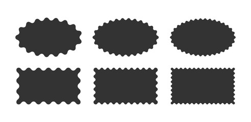 Wavy scallop edge frame set. Wave rectangle and oval geometric shape. Scalloped wiggle border. Squiggly clouds square stickers. Empty text boxes. Vector illustration isolated on white background.