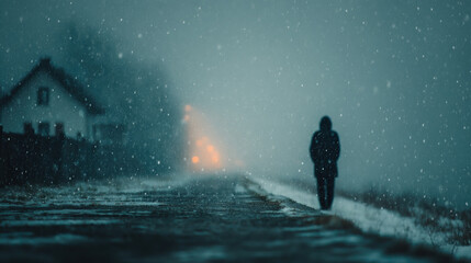 Naklejka premium Seasonal depression. Solitary figure walks along snowy path at dusk, with house in background and soft lights glowing through snowfall