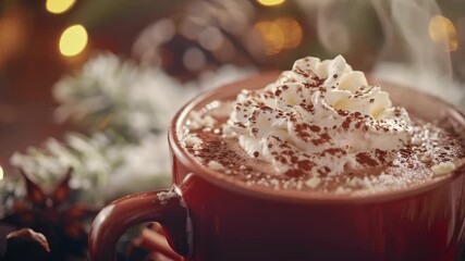 Steaming mug of hot chocolate with whipped cream topping - Powered by Adobe