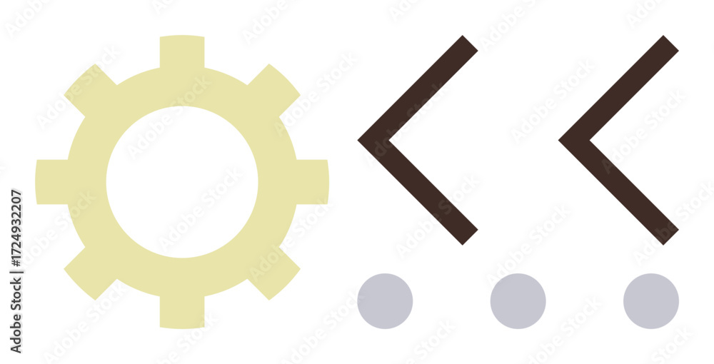 Poster gear silhouette paired with two code brackets and dots conveys collaboration, coding, and technology