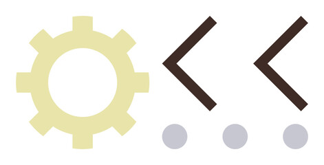 Gear silhouette paired with two code brackets and dots conveys collaboration, coding, and technology. Ideal for programming, innovation, teamwork, mechanics, software, digital transformation