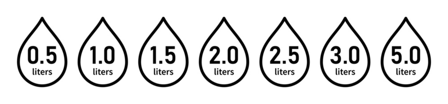 Water capacity icons set. Liquid volume symbol from 0.5 to 5.0 liters. Water drop line icon. Fluid volume. L sign. Scale for liquid or ingredient. Vector illustration isolated on white background.