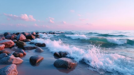 Seascape View of Waves Crashing on Rocky Shoreline with Pink Sunset Sky in Soft Lighting Landscape Photography