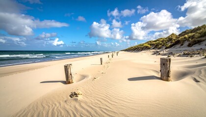 Coastal beach scene with wooden posts