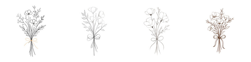 Fototapeta premium Elegant Floral Bouquet Sketches with Bows Collection