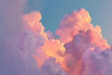 Pastel cloudscape, soft hues of pink and lavender against a light blue sky