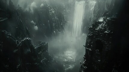 Misty, mountainous landscape with a waterfall