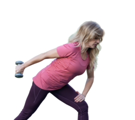 Woman doing triceps extension exercise with dumbbell