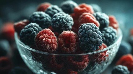 Frosted mixed berries (raspberries and blueberries) in a glass bowl. - Powered by Adobe