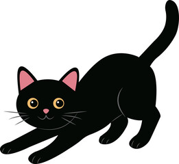 Black cute cat stretching. Vector illustration isolated on white background