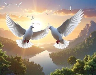 Peaceful White Doves Soaring Over Scenic Landscape.