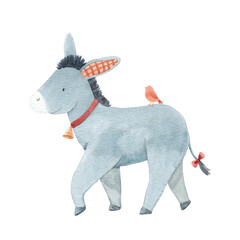 Watercolor donkey with goose, cute farm animals illustration for nursery prints, baby shower, kids posters and playful decor design.