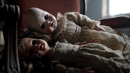 Two antique dolls lie in an old chair appearing worn and eerie - Powered by Adobe