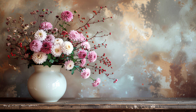 Elegant porcelain vase filled with chrysanthemums and autumn branches, placed on a vintage wooden shelf with rustic wall background