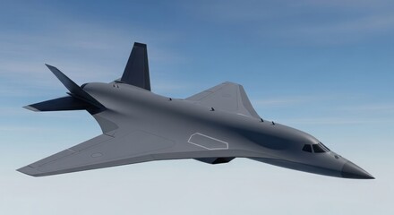 Futuristic stealth jet aircraft soaring through clean blue sky with minimal clouds and sleek aerodynamic design.