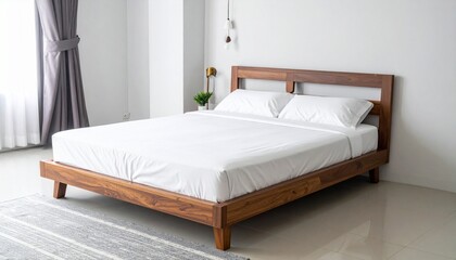 Modern Double Bed with White Sheets and Wooden Frame for Premium Household Object and Bedroom Concept