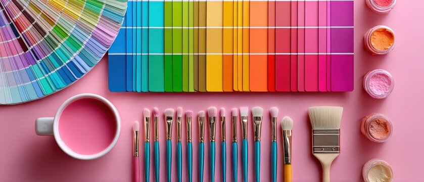 A colorful arrangement of paintbrushes, paint swatches, a pink coffee cup, and jars of glitter on a pink background.
