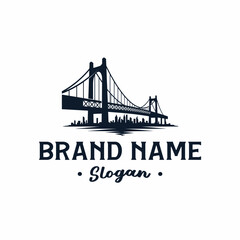 Silhouette of a suspension bridge with a cityscape, brand name, and slogan, in a dark blue color.