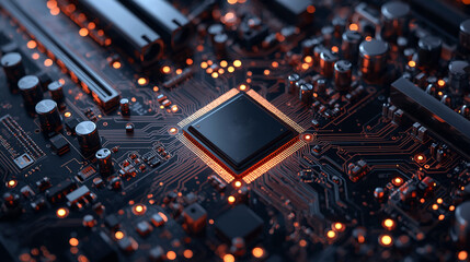 Obraz premium A central motherboard, with a mix of sharp and blurred elements, conveying a sense of advanced innovation, and sleek modern design