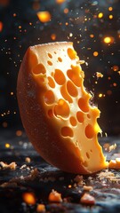 A stylized 3D cheese wheel with exaggerated shine and dynamic lighting, creating a dramatic effect.