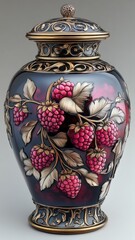 An ornate Art Nouveau raspberry jam jar with intricate patterns and vintage elegance.
