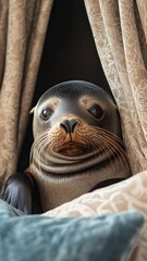 Sea lion lounging behind luxurious curtains, adding a touch of elegance to a sophisticated coastal setting.