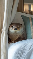 Otter peeking through luxurious curtains, adding a touch of whimsy to an elegant, coastal setting.