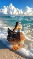 Duck waddling along a sandy beach, with the ocean waves gently lapping at its feet and a bright, sunny sky above.