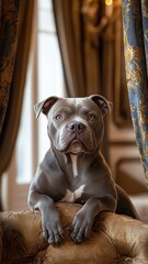 American Bully in a luxurious room, surrounded by opulent curtains, showcasing its elegant and powerful presence.