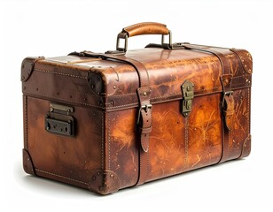 A weathered, rectangular brown leather suitcase with a top handle, metal clasps, and aged patina, isolated on a white background
