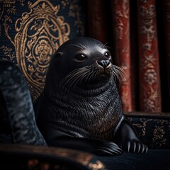 Seal lounging behind opulent curtains, its sleek form reflecting the luxury of a lavish, coastal setting.