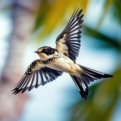 A swallow gracefully flying over a sandy beach, with the ocean waves and palm trees in the background.