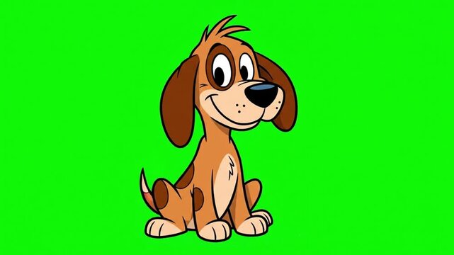 Cute cartoon dog character sitting happily, isolated on a green screen background. 2D animated puppy illustration for chroma key video editing