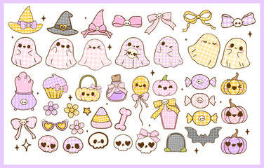 Coquette Girly Halloween Ghosts Spooky Cute Gingham with Bow Kawaii Cartoon Hand Drawn Collection