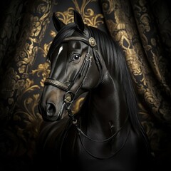Horse posed gracefully against luxurious curtains, its elegant form highlighted by the rich, opulent backdrop.